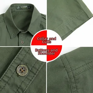 Dettagli della camicia in cotone verde militare con colletto, polsini e bottoni in metallo