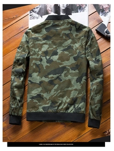 Rear view of camouflage jacket on wood floor with rib-knit baseball collar details
