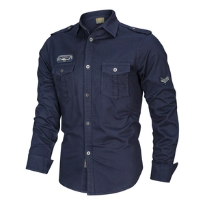 Men's navy blue military style long sleeve cotton shirt with tactical patches