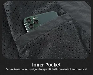 Detail view of the secure inner mesh pocket of the vest with an integrated smartphone