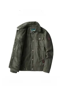Detailed view of winter olive green cargo jacket with thick faux lamb wool fleece lining