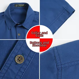 Dettagli camicia outdoor in cotone con bottoni in metallo e cuciture a doppio ago
