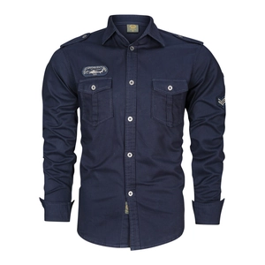 Chemise homme bleue marine style militaire à manches longues avec poches tactiques
