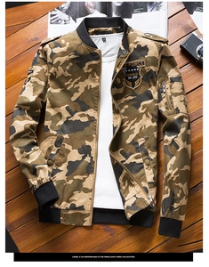 Detail view of camouflage bomber jacket with embroidered Air Force badge and arm pocket
