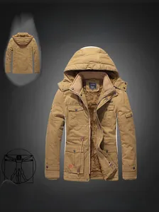 Detail of khaki men's winter cotton parka with thick fleece lining and adjustable hood