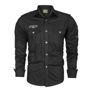 Chemise militaire noire à manches longues pour homme avec poches et écussons brodés
