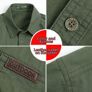 Dettagli camicia verde militare con bottoni in metallo vintage e toppa in pelle outdoor