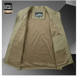 Detail view of khaki vest with breathable mesh lining and interior security pocket