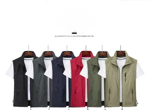 Detail view of men's outdoor vest in six colors with zipper pockets and adjustable hem