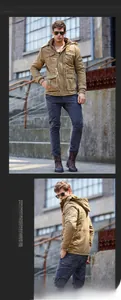 Detail of khaki men's hooded jacket featuring military utility pockets and waist drawstring