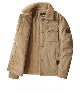 Detail of khaki military jacket with warm fleece lining and chest pockets