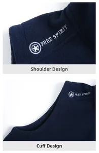 Detailed close-up of blue fleece vest with white star embroidery and Free Spirit text