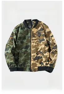 Detail of asymmetric camouflage flight jacket with military patches and ribbed cuffs