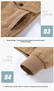 Détail de la veste en velours côtelé kaki avec poches latérales et poignets élastiques