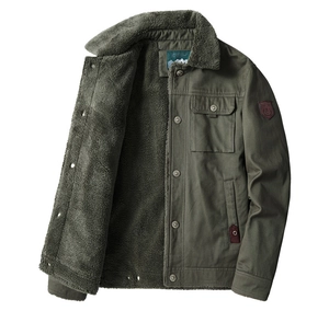 Detail view of winter military green cargo jacket with thick fleece lining and collar