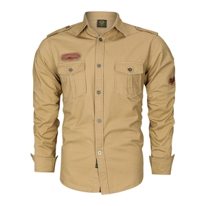 Chemise cargo homme kaki style militaire à manches longues avec épaulettes et poches