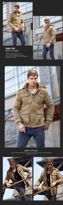 Detailed view of khaki men's hooded jacket with utility pockets and drawstring waist