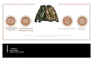 Detail of breathable camo bomber jackets featuring ribbed cuffs and eco-friendly soft fabric