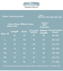 Tableau des tailles détaillé pour veste en velours côtelé avec mesures de M à 5XL en cm