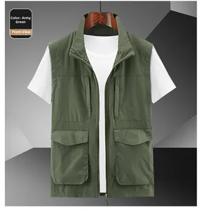 Detail of army green outdoor vest with stand collar and large utility pockets
