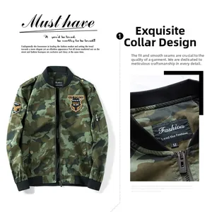 Detailed view of military camo bomber jacket featuring rib collar and tactical sleeve pocket