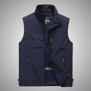 Men's dark blue outdoor vest with multi-pocket design and breathable mesh lining