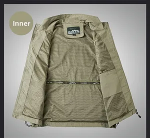 Detail view of khaki outdoor vest showing breathable mesh lining and brand inner label