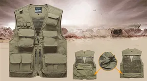 Detail of khaki outdoor vest showing multi-pocket system and removable mesh back panel