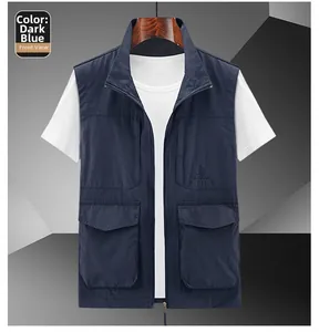 Front view of dark blue outdoor utility vest with zip-up stand collar and large pockets