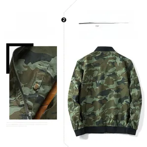 Detail view of green camo bomber jacket featuring ribbed collar and metal snap pocket
