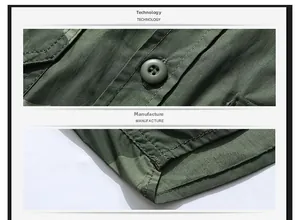 Détail des coutures renforcées et des boutons à quatre trous sur la chemise camouflage