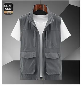 Detail of grey outdoor utility vest featuring a stand collar and four cargo flap pockets