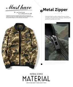 Detailed macro shot of vintage bronze metal zipper on a camouflage bomber jacket