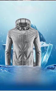 Macro shot of breathable grey sun protection jacket with cool-tech fabric and hood
