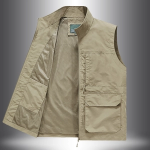 Men Outdoor Cargo Utility Vest Lightweight Nylon Stand Collar Multi-Pockets Breathable Mesh Lining Fishing Photography Jacket