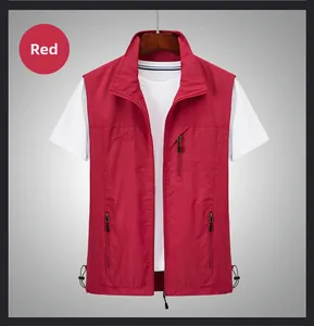 Detailed view of outdoor vest with vertical zip pocket and outdoor embroidery detail