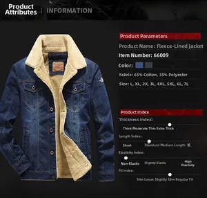 Detail of fleece lining and fabric specs for men's deep blue winter denim jacket