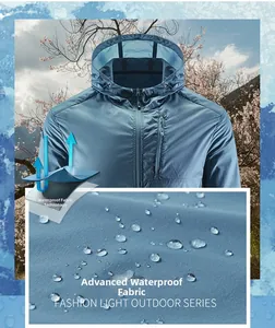 Detail view of waterproof technology on men's lightweight sun-protective outdoor jacket