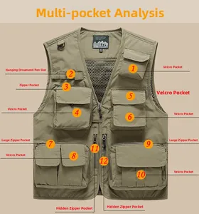 Detail view of multi-pocket outdoor vest showing 12 functional zip and velcro pockets
