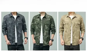 Détails de chemises camouflage homme à manches longues en gris foncé, vert armée et kaki