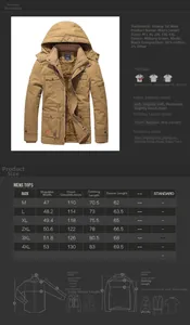 Detailed size guide for men's hooded cotton jacket showing shoulder and chest measurements