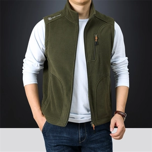 Men's dark green fleece vest with stand collar and zipper pocket for outdoor casual wear