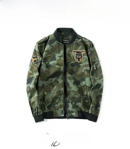 Detailed flat lay of a men's camouflage bomber jacket with army embroidery patches
