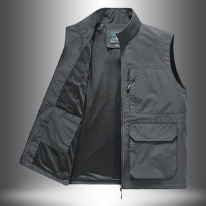 Men's dark grey multi-pocket tactical vest with mesh lining and stand collar