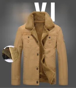 Detail of men's khaki work jacket featuring warm fleece lining and four utility pockets