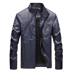 Marineblaue Herren Lederjacke mit Stehkragen und gestepptem Innenfutter für Winter