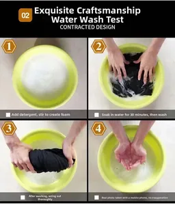 Detailed demonstration of colorfast black winter jacket fabric showing no color fading after wash