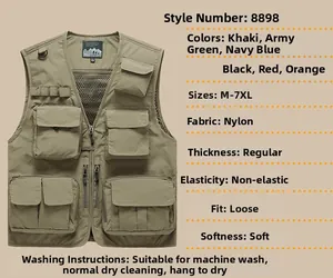 Detail view of khaki multi-pocket outdoor vest with breathable mesh lining and nylon fabric