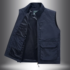 Men's navy multi-pocket outdoor vest with stand collar and breathable mesh lining