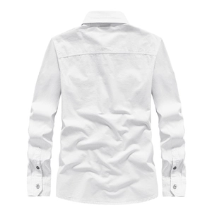 Camicia classica bianca da uomo a maniche lunghe, vista posteriore e trama in cotone casual